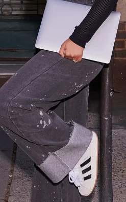 Washed Black Splatter Detail Wide Leg Jeans