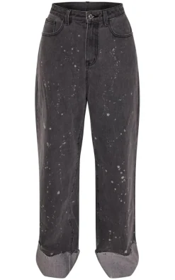 Washed Black Splatter Detail Wide Leg Jeans