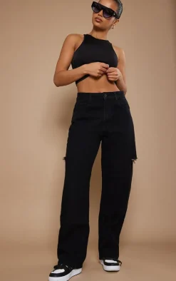 Washed Black Thigh Split Baggy Boyfriend Jeans