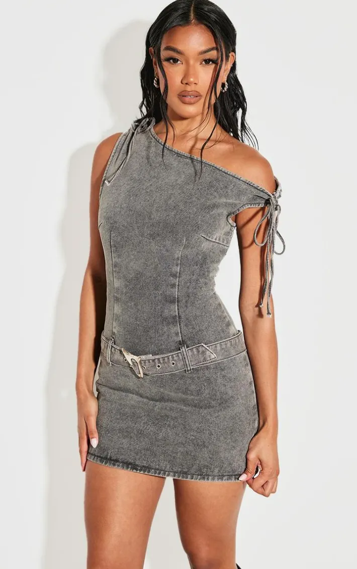 Washed Black Tie Shoulder Belted Denim Mini Dress