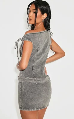 Washed Black Tie Shoulder Belted Denim Mini Dress