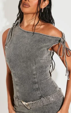 Washed Black Tie Shoulder Belted Denim Mini Dress