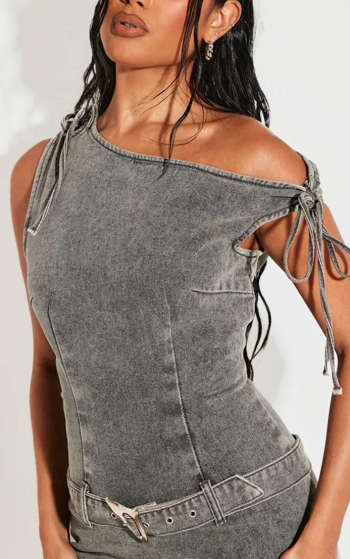 Washed Black Tie Shoulder Belted Denim Mini Dress