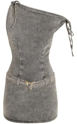 Washed Black Tie Shoulder Belted Denim Mini Dress