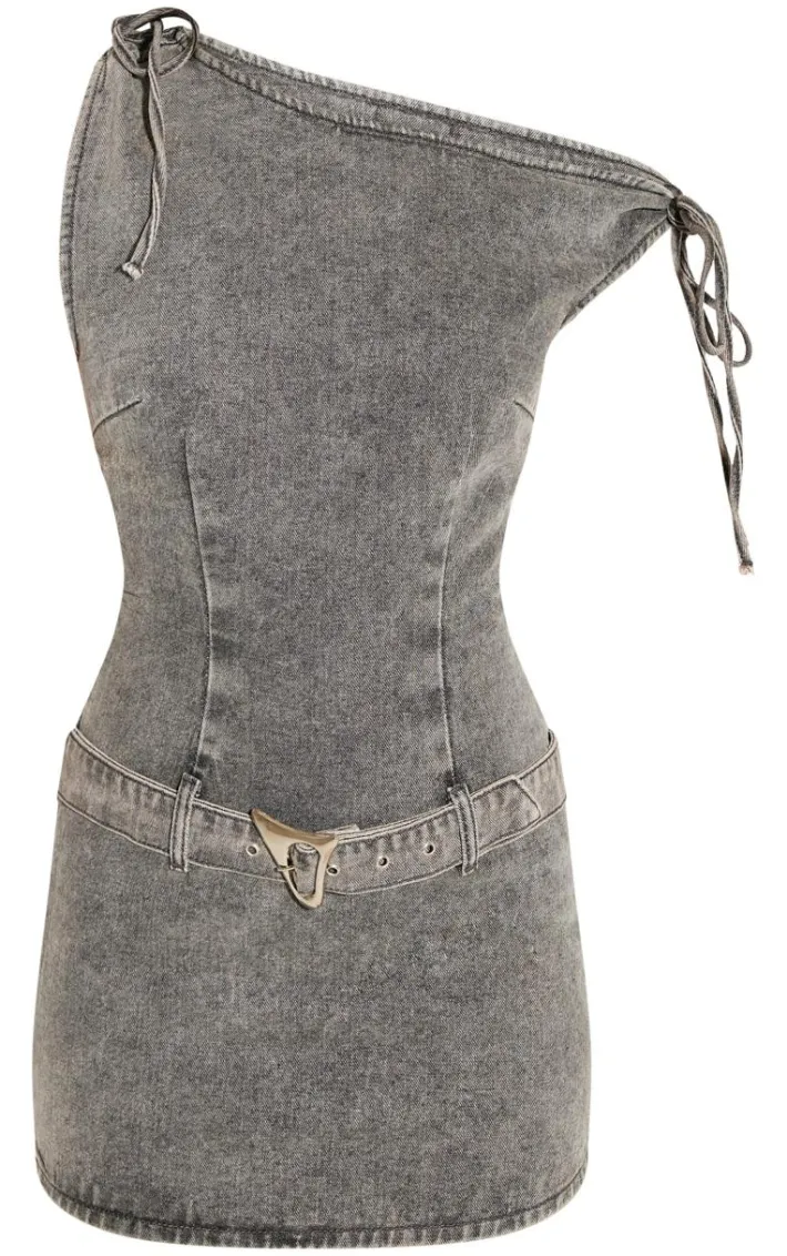 Washed Black Tie Shoulder Belted Denim Mini Dress