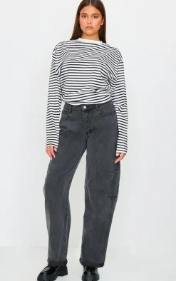 Washed Black Turn Up Hem Barrel Style Jeans