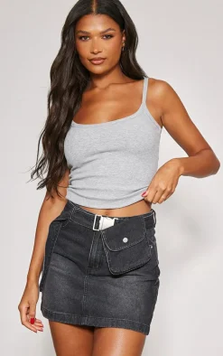 Washed Black Utility Belt Pouch Detail Denim Mini Skirt