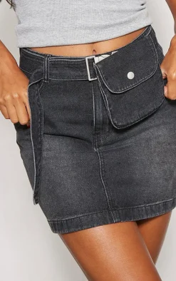 Washed Black Utility Belt Pouch Detail Denim Mini Skirt