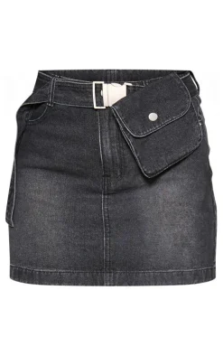 Washed Black Utility Belt Pouch Detail Denim Mini Skirt