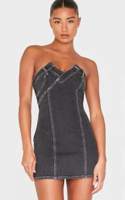 Washed Black Waistband Detail Crossover Panel Denim Mini Dress