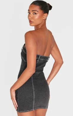 Washed Black Waistband Detail Crossover Panel Denim Mini Dress