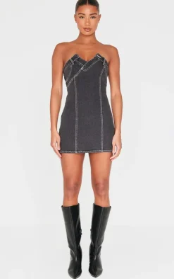 Washed Black Waistband Detail Crossover Panel Denim Mini Dress