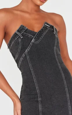 Washed Black Waistband Detail Crossover Panel Denim Mini Dress