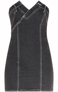 Washed Black Waistband Detail Crossover Panel Denim Mini Dress