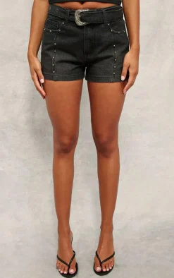 Washed Black Western Belt Studded Denim Mini Shorts