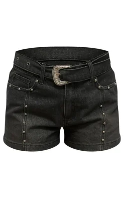 Washed Black Western Belt Studded Denim Mini Shorts