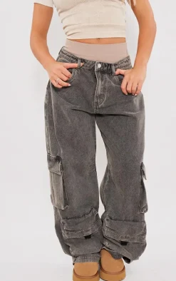 Washed Black Wide Leg Boyfriend Fit Cargos