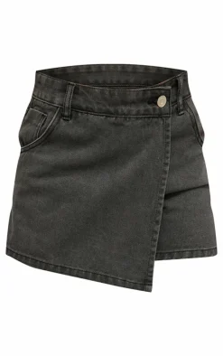 Washed Black Wrap Front Denim Mini Skort