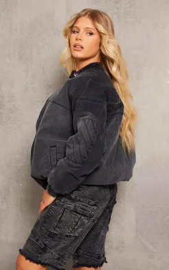 Washed Black Zip Up Denim Bomber Jacket