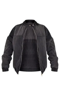 Washed Black Zip Up Denim Bomber Jacket