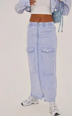 Washed Blue Cargo Pocket Zip Front Midi Denim Skirt