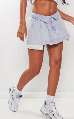 Washed Blue Foldover Waistband Denim Pleated Mini Skirt
