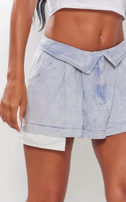 Washed Blue Foldover Waistband Denim Pleated Mini Skirt