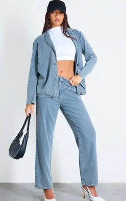 Washed Blue Pinstripe Lightweight Denim Oversized Blazer