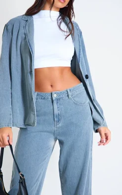 Washed Blue Pinstripe Lightweight Denim Oversized Blazer