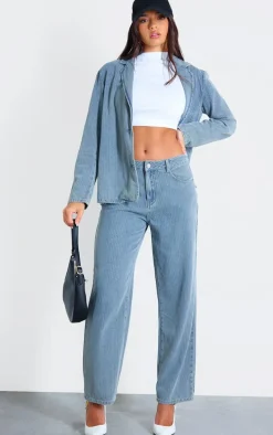 Washed Blue Pinstripe Lightweight Denim Boyfriend Straight Leg Jeans