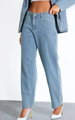 Washed Blue Pinstripe Lightweight Denim Boyfriend Straight Leg Jeans