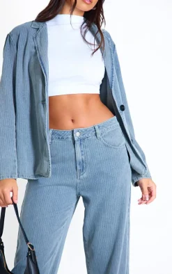 Washed Blue Pinstripe Lightweight Denim Boyfriend Straight Leg Jeans