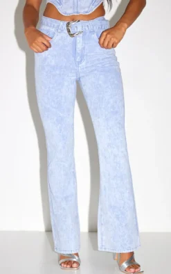 Washed Blue Western Belt Flared Jeans
