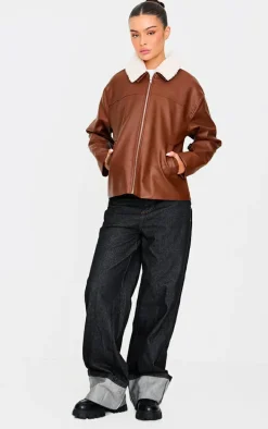 Washed Brown Detachable Faux Fur Collar Faux Leather Jacket