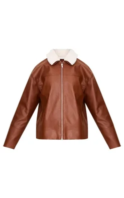 Washed Brown Detachable Faux Fur Collar Faux Leather Jacket