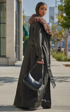 Washed Brown Detachable Leopard Faux Fur Trim PU Trench Coat