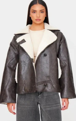 Washed Brown Distressed Faux Leather Borg Contrast Aviator Jacket