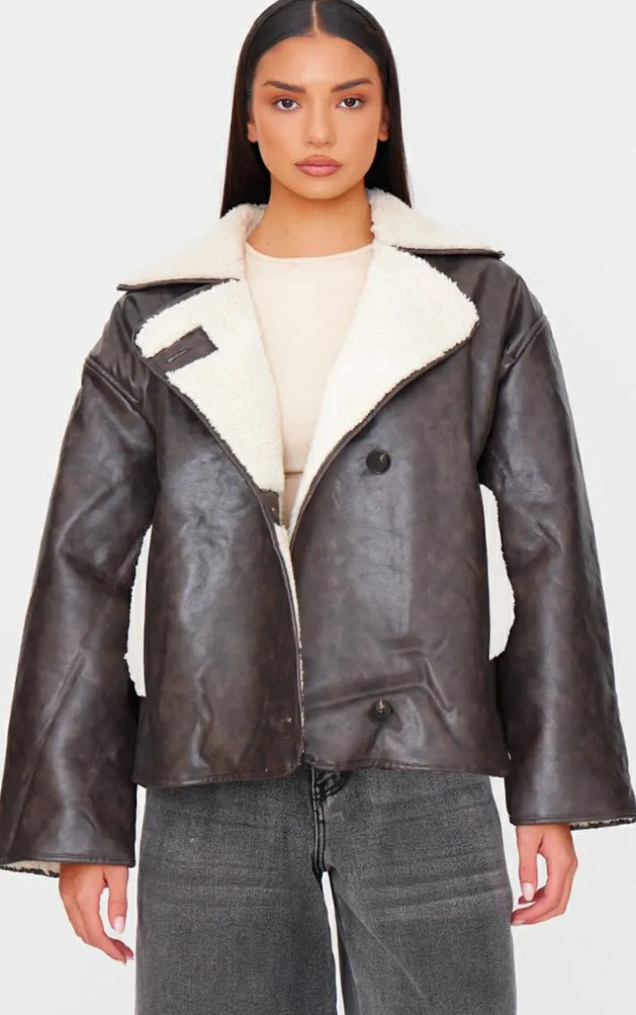 Washed Brown Distressed Faux Leather Borg Contrast Aviator Jacket