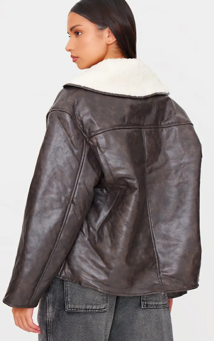 Washed Brown Distressed Faux Leather Borg Contrast Aviator Jacket