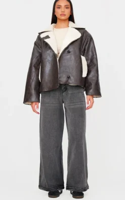 Washed Brown Distressed Faux Leather Borg Contrast Aviator Jacket