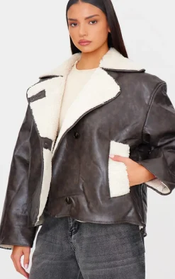 Washed Brown Distressed Faux Leather Borg Contrast Aviator Jacket