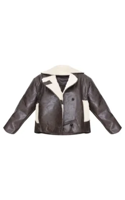 Washed Brown Distressed Faux Leather Borg Contrast Aviator Jacket