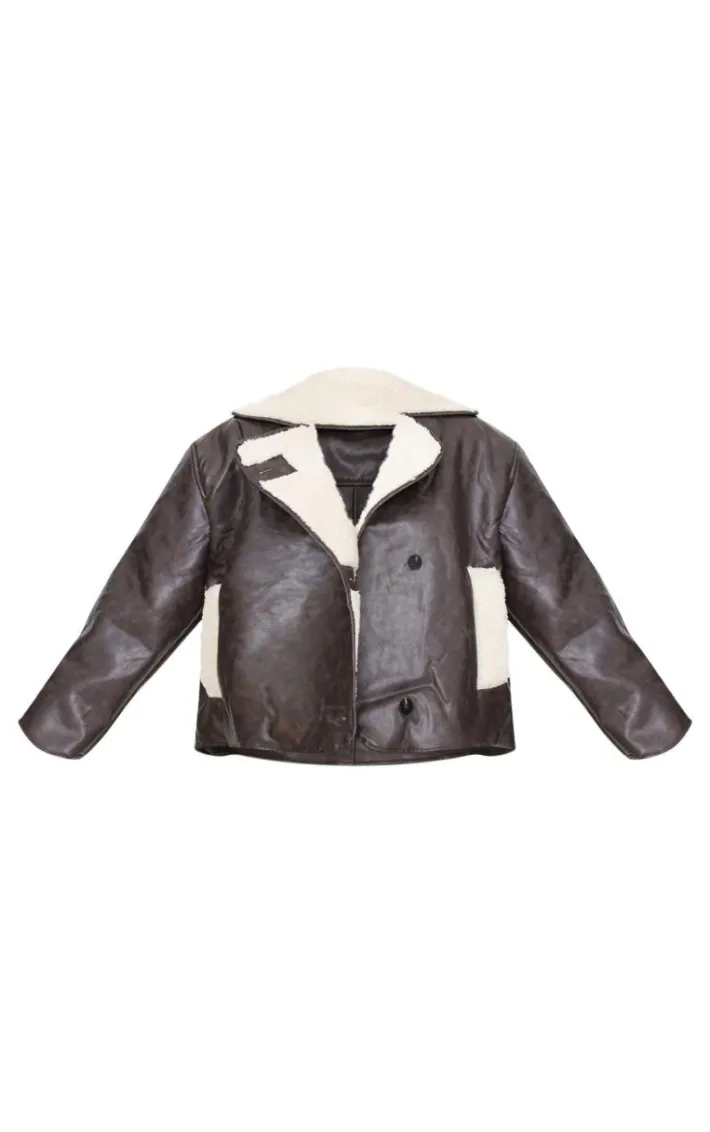 Washed Brown Distressed Faux Leather Borg Contrast Aviator Jacket