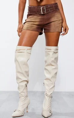 Washed Brown Eyelet Detail Belted Denim Shorts