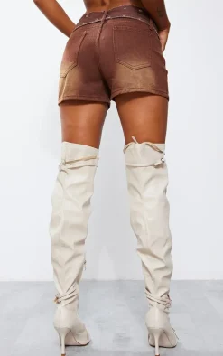 Washed Brown Eyelet Detail Belted Denim Shorts