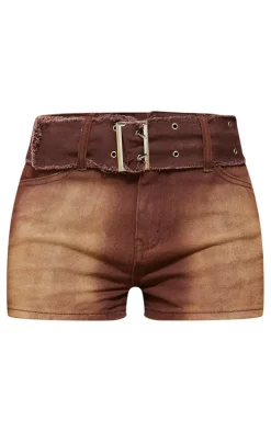 Washed Brown Eyelet Detail Belted Denim Shorts