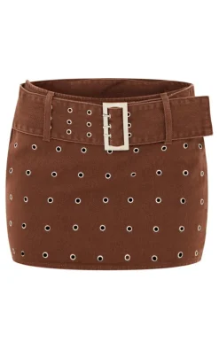 Washed Brown Eyelet Detail Mini Skirt