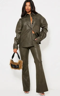 Washed Brown Faux Leather Flared Pants