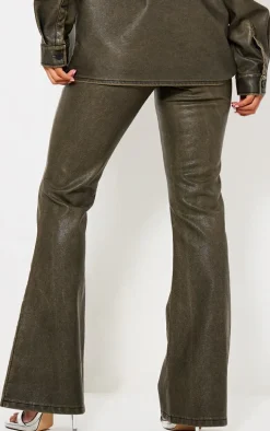 Washed Brown Faux Leather Flared Pants