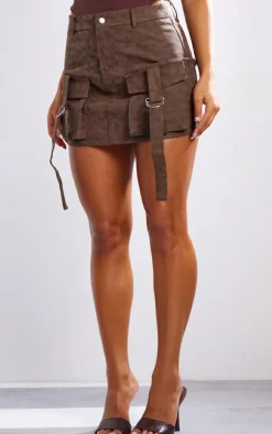 Washed Brown Faux Leather Pocket Cargo Mini Skirt